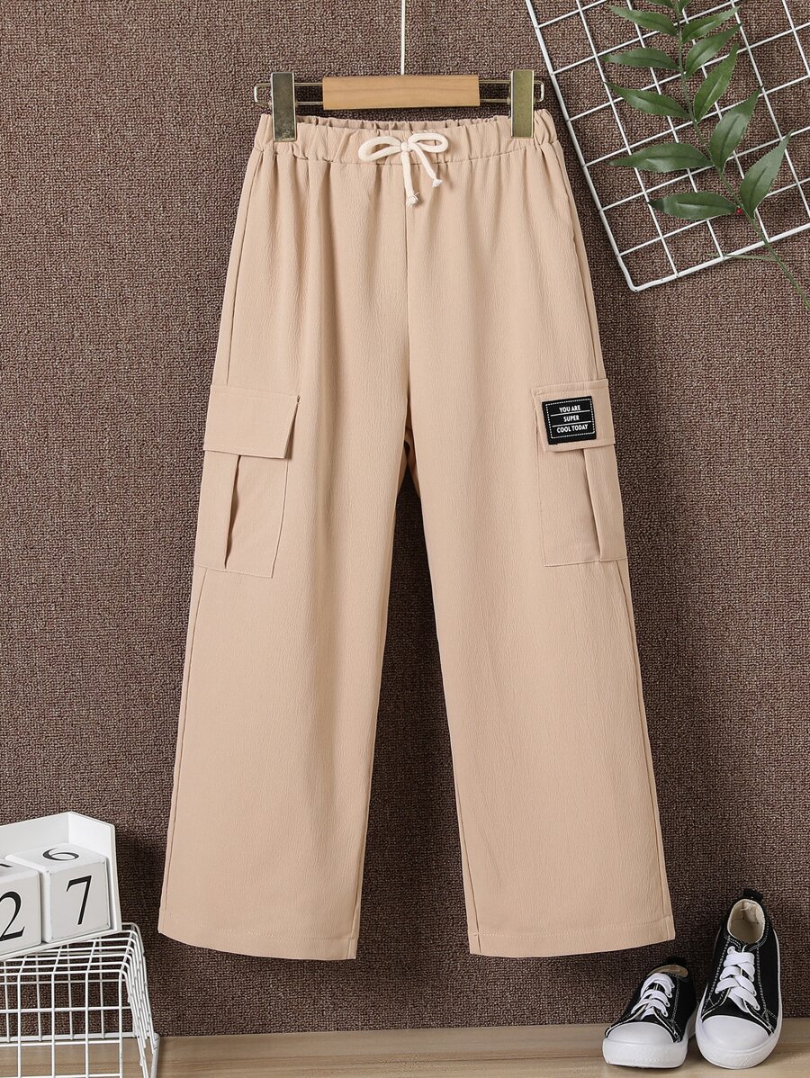 Boys Letter Patched Detail Drawstring Waist Cargo Trousers - Apricot - View 1