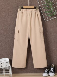 Boys Letter Patched Detail Drawstring Waist Cargo Trousers - Apricot - View 2