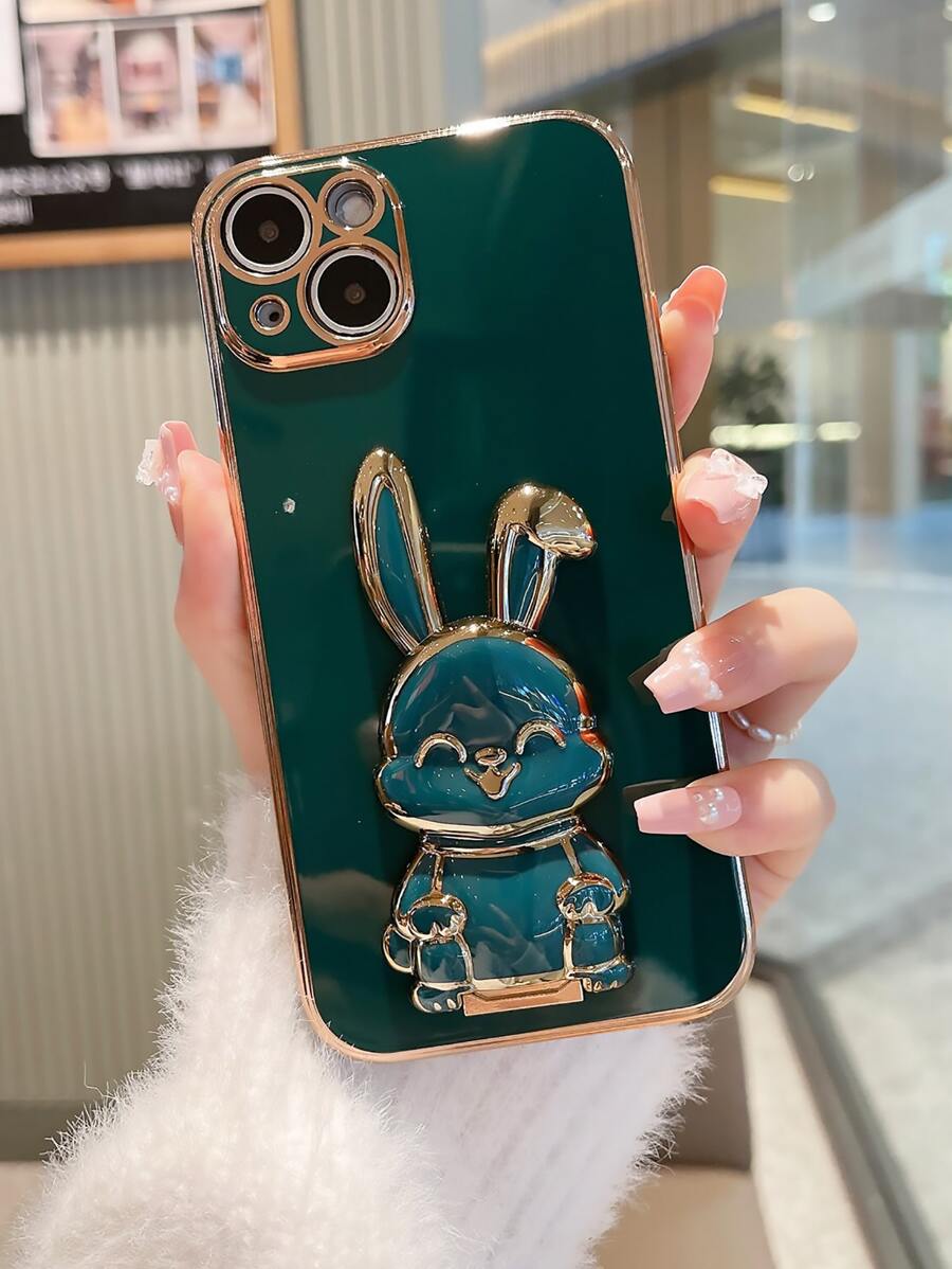Funda de teléfono con soporte de conejo con borde recto enchapado compatible con iPhone11, iPhone15, iPhone15Pro, iPhone15ProMax, iPhone16, iPhone16Pro, iPhone16Plus, iPhone16ProMax - Verde - Ver 1