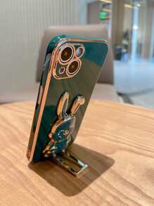 Funda de teléfono con soporte de conejo con borde recto enchapado compatible con iPhone11, iPhone15, iPhone15Pro, iPhone15ProMax, iPhone16, iPhone16Pro, iPhone16Plus, iPhone16ProMax - Verde - Ver 2