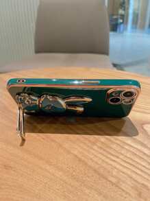 Funda de teléfono con soporte de conejo con borde recto enchapado compatible con iPhone11, iPhone15, iPhone15Pro, iPhone15ProMax, iPhone16, iPhone16Pro, iPhone16Plus, iPhone16ProMax - Verde - Ver 3