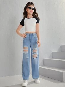 SHEIN Chicas adolescentes Jeans de pierna recta desgarro - Lavado ligero - Ver 3