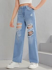 SHEIN Chicas adolescentes Jeans de pierna recta desgarro - Lavado ligero - Ver 4