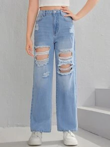 SHEIN Chicas adolescentes Jeans de pierna recta desgarro - Lavado ligero - Ver 5