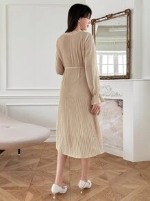 DAZY 素色荷葉袖腰帶百褶下擺連衣裙 - 杏色 - 查看 2