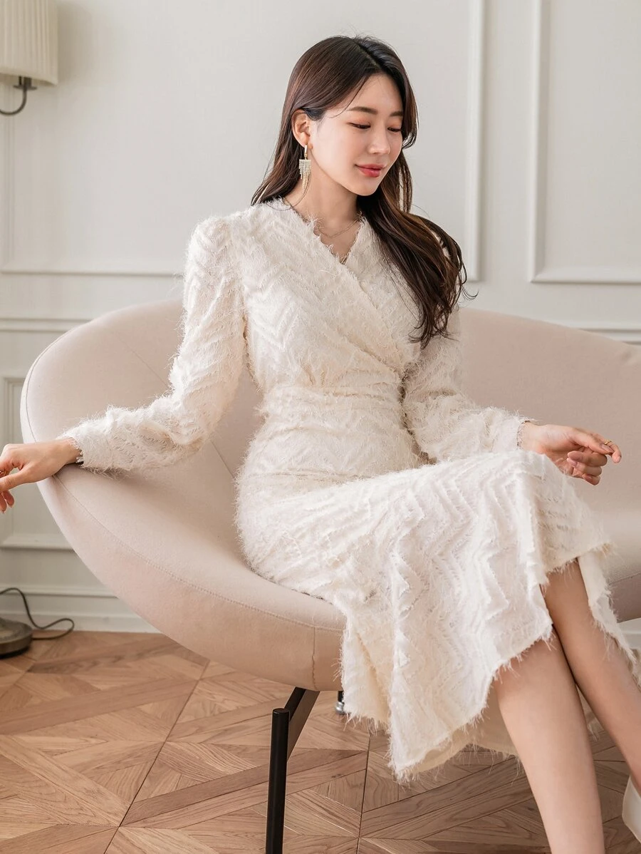 DAZY Solid Surplice Neck Fuzzy Dress - Beige - View 1