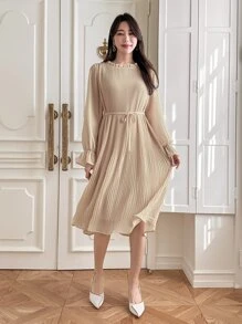 DAZY 素色荷葉袖腰帶百褶下擺連衣裙 - 杏色 - 查看 3