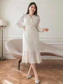 DAZY Solid Surplice Neck Fuzzy Dress - Beige - View 5