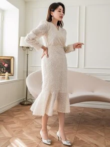 DAZY Solid Surplice Neck Fuzzy Dress - Beige - View 8