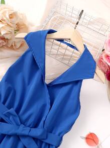 SHEIN Đầm Gái Lộ Lưng Trọn gói màu trơn Giải trí - Xanh đậm - Xem 4