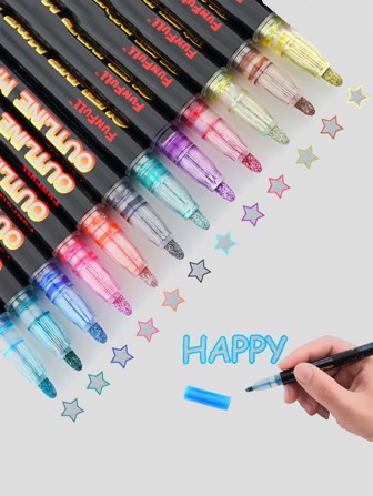 Funfull 12pcs/24pcs Double-Line Outline Marker Pens, Glitter Outline Marker Pen Set With Metallic Glitter Outline, Suitable For Birthday Cards, Graffiti, DIY Arts & Crafts, Ceramics, Back To School Essential