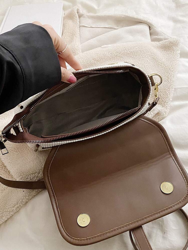 Corduroy Flap Good Quality With PU Leather Handbag Women's Bag Adjustable Crossbody Bag