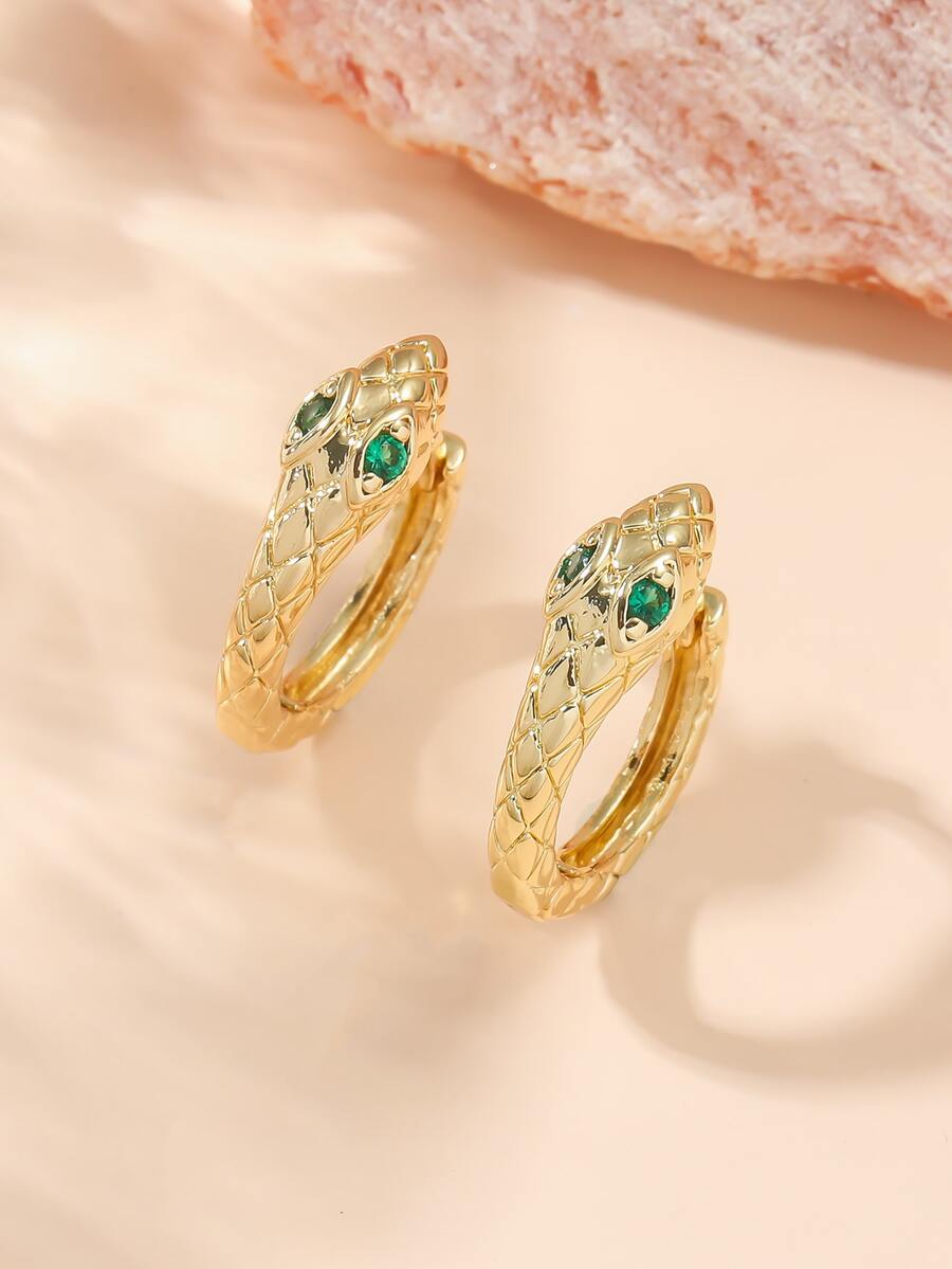 方晶鋯石裝飾蛇設計圓耳環 - 金黃色 - 查看 1