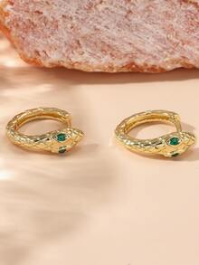 方晶鋯石裝飾蛇設計圓耳環 - 金黃色 - 查看 2