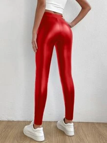 SHEIN Privé Solid PU Leather Leggings - Red - View 2