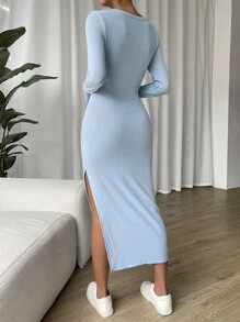 SHEIN Essnce 大圓領高衩洋裝 - 淺藍色 - 查看 2