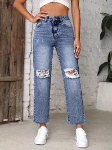 SHEIN Frenchy Jeans de pierna recta de talle alto desgarro