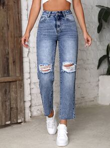 SHEIN Frenchy Jeans de pierna recta de talle alto desgarro