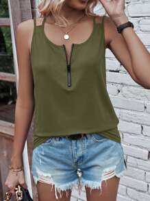 SHEIN LUNE Half Zip Tank Top - Army Green - View 1