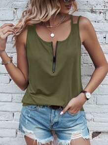 SHEIN LUNE Half Zip Tank Top - Army Green - View 4