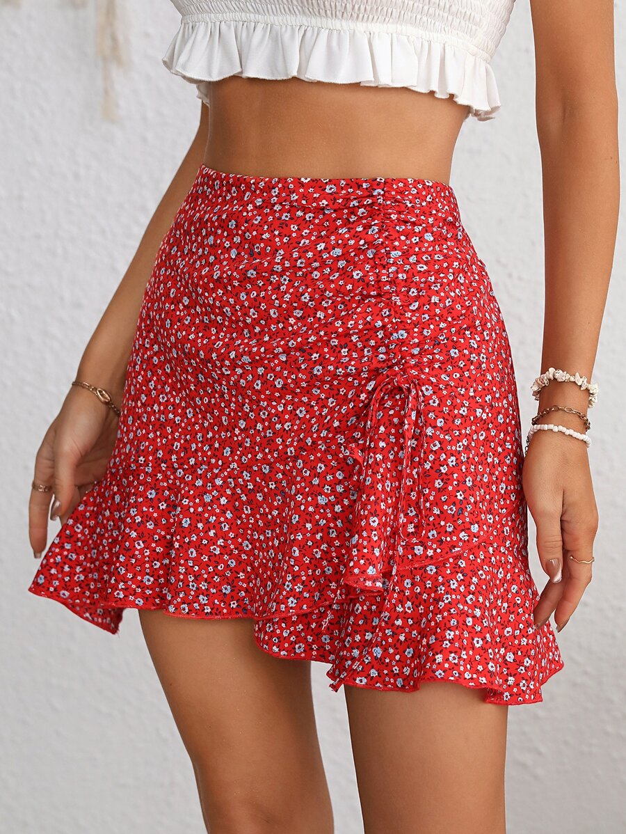 Soleia Ditsy Floral Print Drawstring Ruffle Hem Skirt - Red - View 1