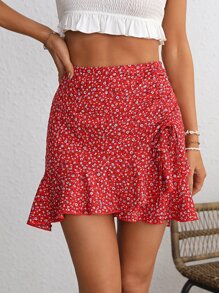 Soleia Ditsy Floral Print Drawstring Ruffle Hem Skirt - Red - View 3