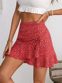 Soleia Ditsy Floral Print Drawstring Ruffle Hem Skirt - Red - View 4