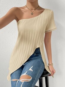 SHEIN Essnce Blusa de un hombro bajo asimétrico ribete con encaje - Albaricoque - Ver 4