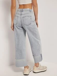 High Waisted Cuffed Hem Straight Leg Jeans - Light Wash - View 2