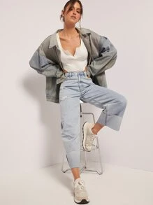 High Waisted Cuffed Hem Straight Leg Jeans - Light Wash - View 1