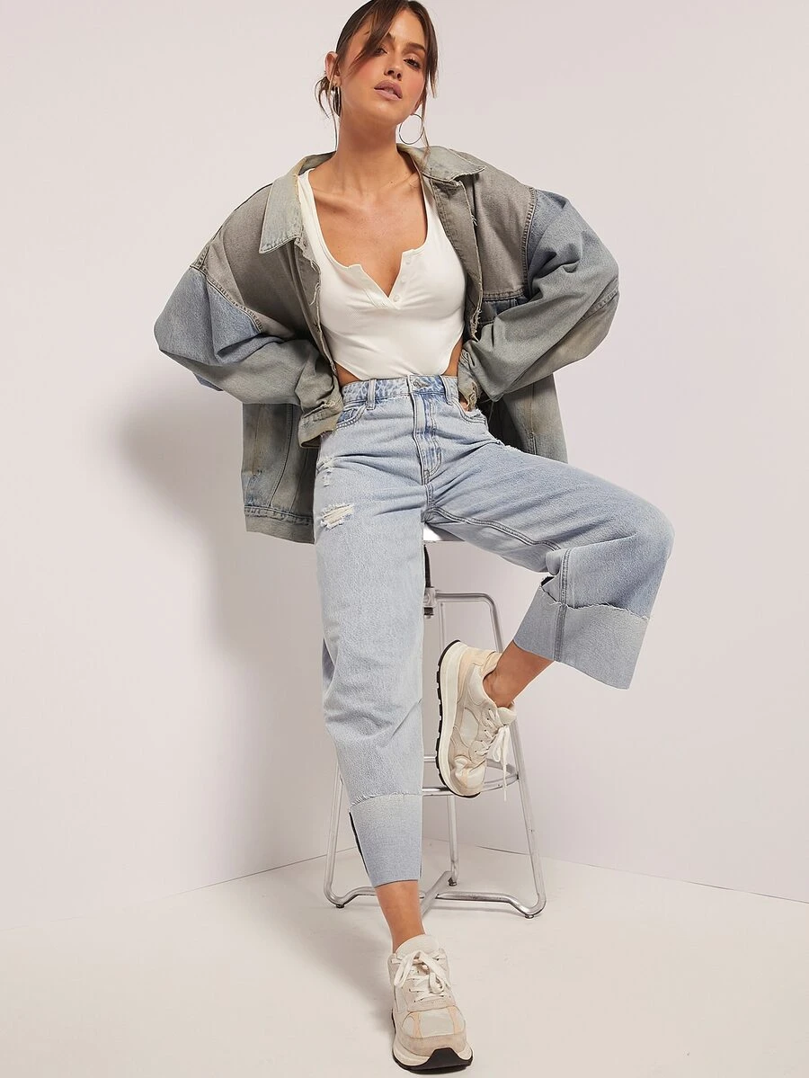 High Waisted Cuffed Hem Straight Leg Jeans - Light Wash - View 1