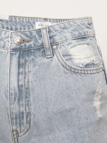 High Waisted Cuffed Hem Straight Leg Jeans - Light Wash - View 6