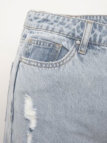 High Waisted Cuffed Hem Straight Leg Jeans - Light Wash - View 8