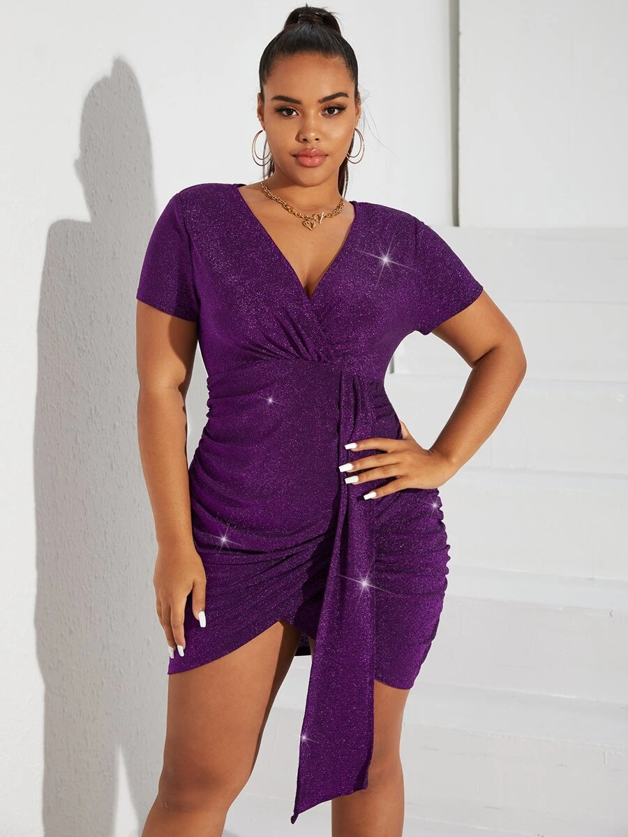 SHEIN SXY Đầm Plus Size Bất đối xứng Vắt Xù Trọn gói màu trơn Buổi tiệc - Màu tím - Xem 1