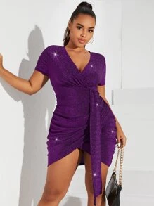 SHEIN SXY Đầm Plus Size Bất đối xứng Vắt Xù Trọn gói màu trơn Buổi tiệc - Màu tím - Xem 5