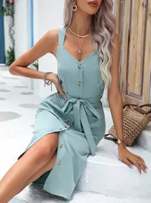 SHEIN LUNE 前紐扣雙口袋繫腰帶連衣裙 - 薄荷綠 - 查看 1