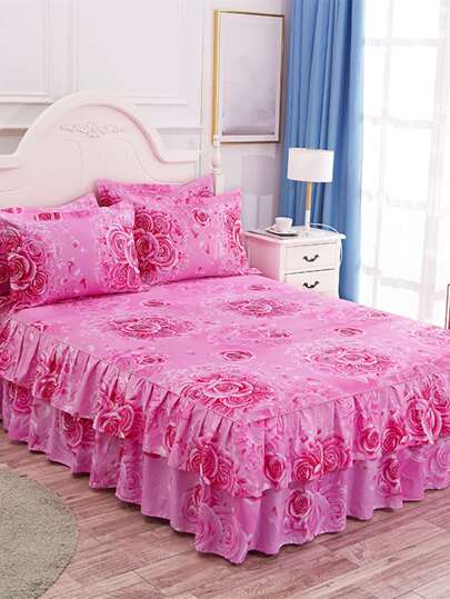 1pc Multicolor Double Layer Lace Single Bed Skirt, Anti-Fading, Anti-Pilling, Skin-Friendly, Soft Printed Bedspread For Home Bedroom, Korean Style