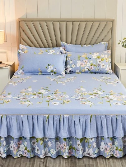 Hemtextil Sängkläder Hudvänlig Mjuk Modern stil Dubbellagerspetskant Förtjockad Slipning och aktiverat tryck Flerfärgad enkel-/dubbelsängskjol i ett stycke