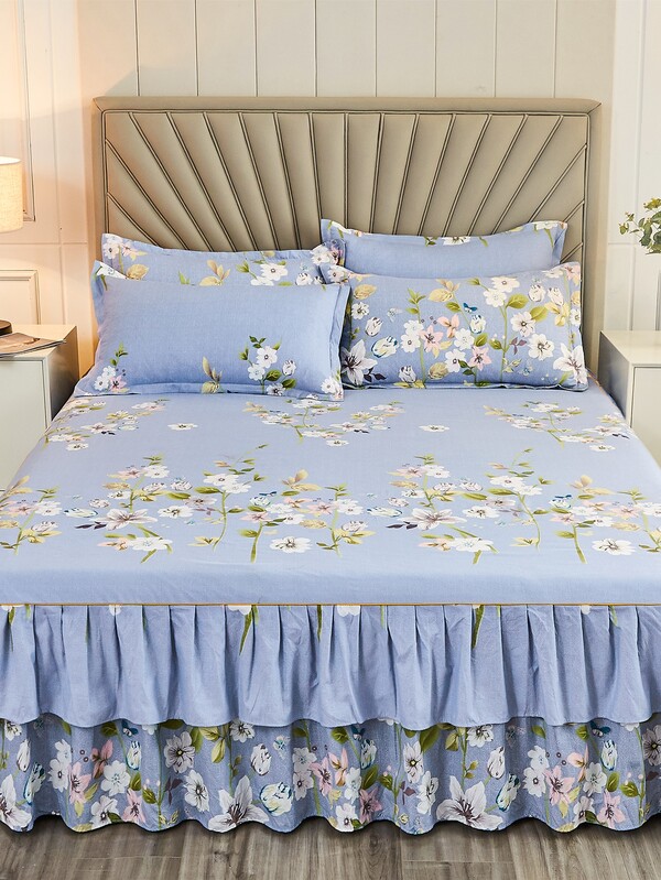 家居紡織品床上用品親膚柔軟現代款雙層蕾絲邊增厚研磨和活性印染多色單/雙人床單件