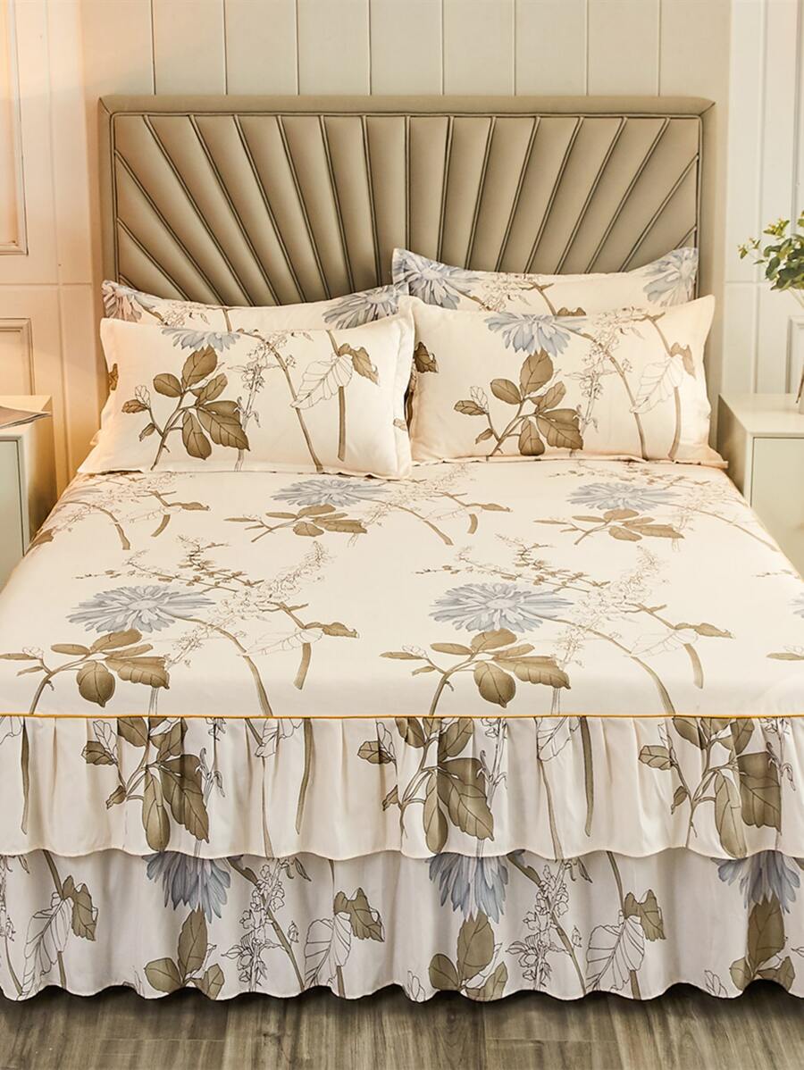 One Double-Layer Lace Trimmed Bed Skirt For Single/Double Bed, In Modern Style, Soft And Skin-Friendly, Thickened And Brushed, With Active Print, Multiple Colors, For Home Textile Bedding. - Multicolor - View 1