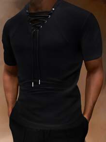 Manfinity Homme Men Lace Up Front Tee - Black - View 3