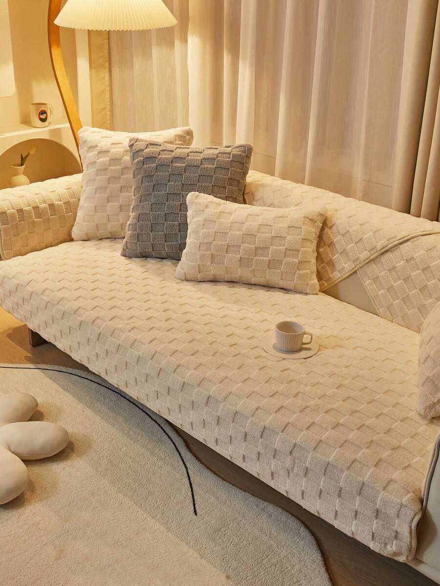 Khăn Sofa Màu Be, Tối Giản Polyester Chống Trơn Trượt Ca Rô Nổi Khăn Cho Tất Cả Các Mùa - Màu be - Xem 1