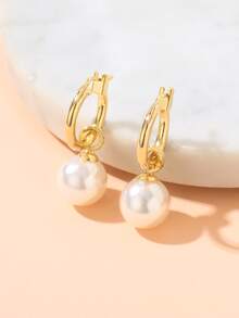 Faux Pearl Drop Earrings - Yellow Gold - View 2