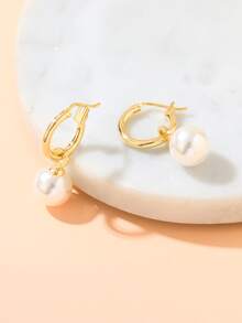 Faux Pearl Drop Earrings - Yellow Gold - View 4