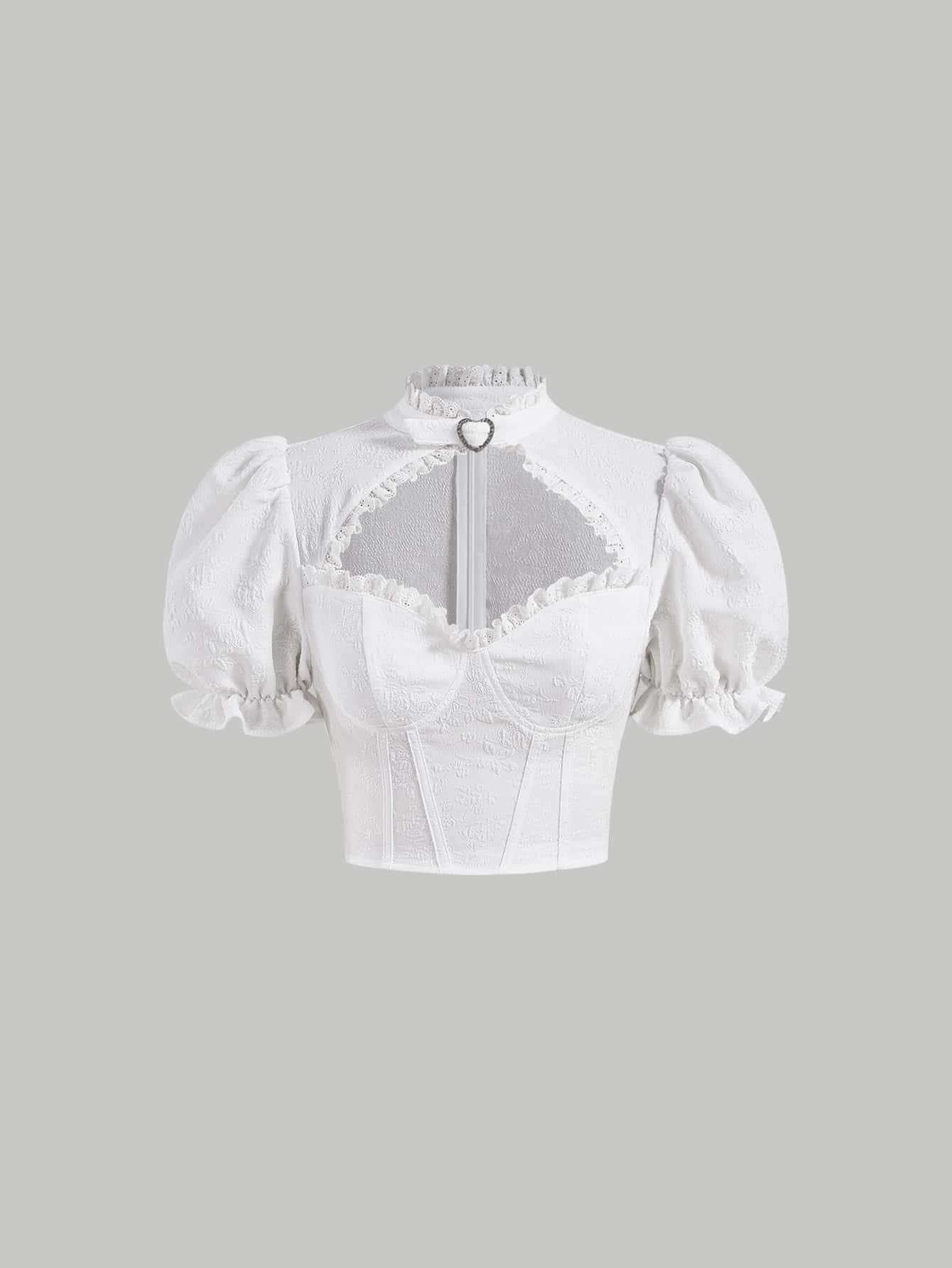 SHEIN MOD Frill Trim Puff Sleeve Cut Out Crop Blouse - White - View 1