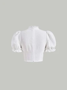 SHEIN MOD Frill Trim Puff Sleeve Cut Out Crop Blouse - White - View 2
