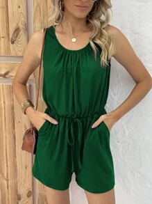 SHEIN LUNE Solid Tie Waist Slant Pocket Romper - Green - View 6