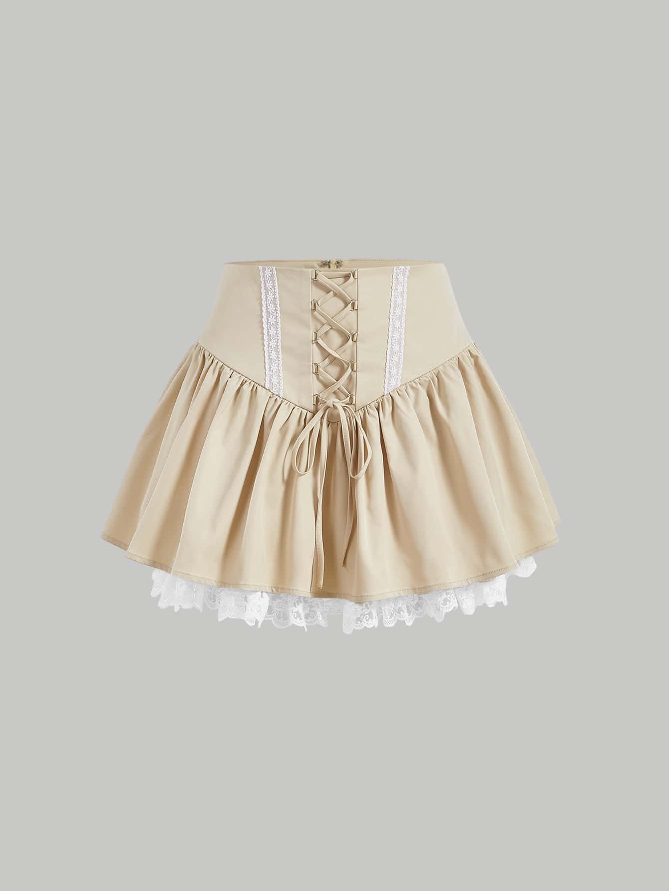 SHEIN MOD Lace Up Ruffle Hem Skirt - Khaki - View 1