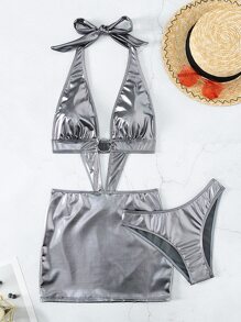 2packs Metallic Ring Linked Halter Summer Beach Bikini Set - Silver - View 4