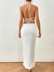 Chiquease Đầm Maxi hở lưng hở vai cổ lọ viền đuôi cá cho nữ - trắng - Xem 3